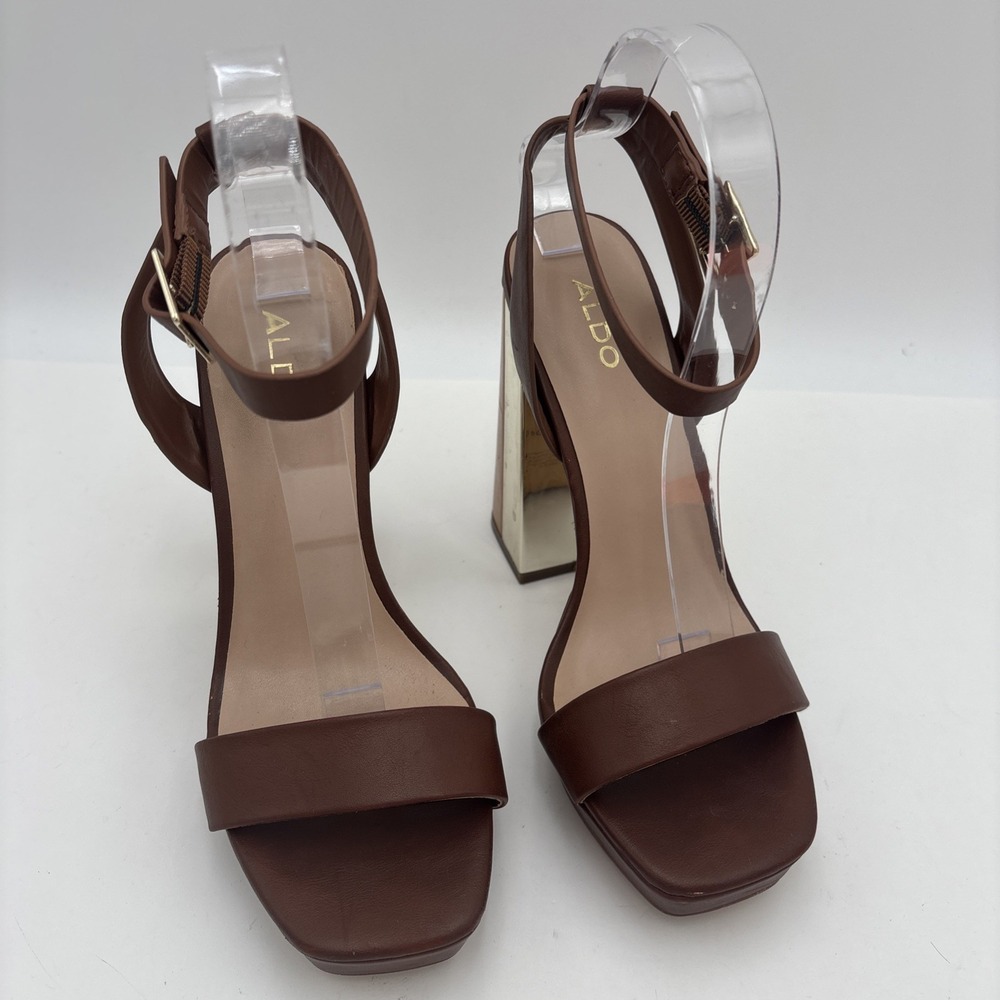 Aldo Priyah Strappy Patent Leather Cognac Chunky Block Heel, size 7.5